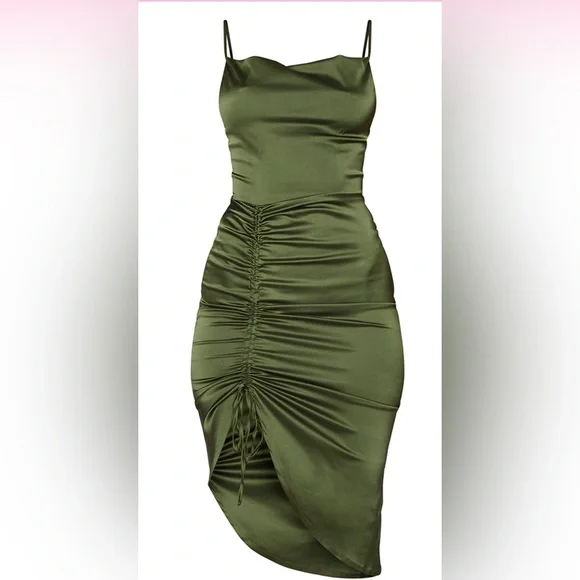 PLT Khaki Satin Strappy Midi Dress - Picture 4 of 4